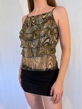 Gold Shimmery Swirly Abstract Sheer Mesh Y2k Graphic Cami